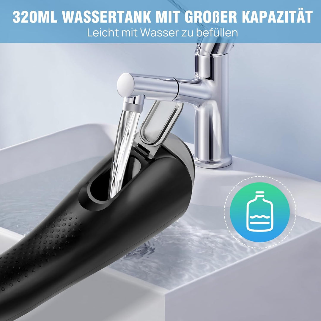 Wiederaufladbarer Munddusche, tragbarer elektrischer Zahnreiniger mit 320 ml, 3 Modi und 6 Ersatzdüs