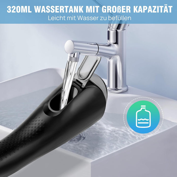 Wiederaufladbarer Munddusche, tragbarer elektrischer Zahnreiniger mit 320 ml, 3 Modi und 6 Ersatzdüs
