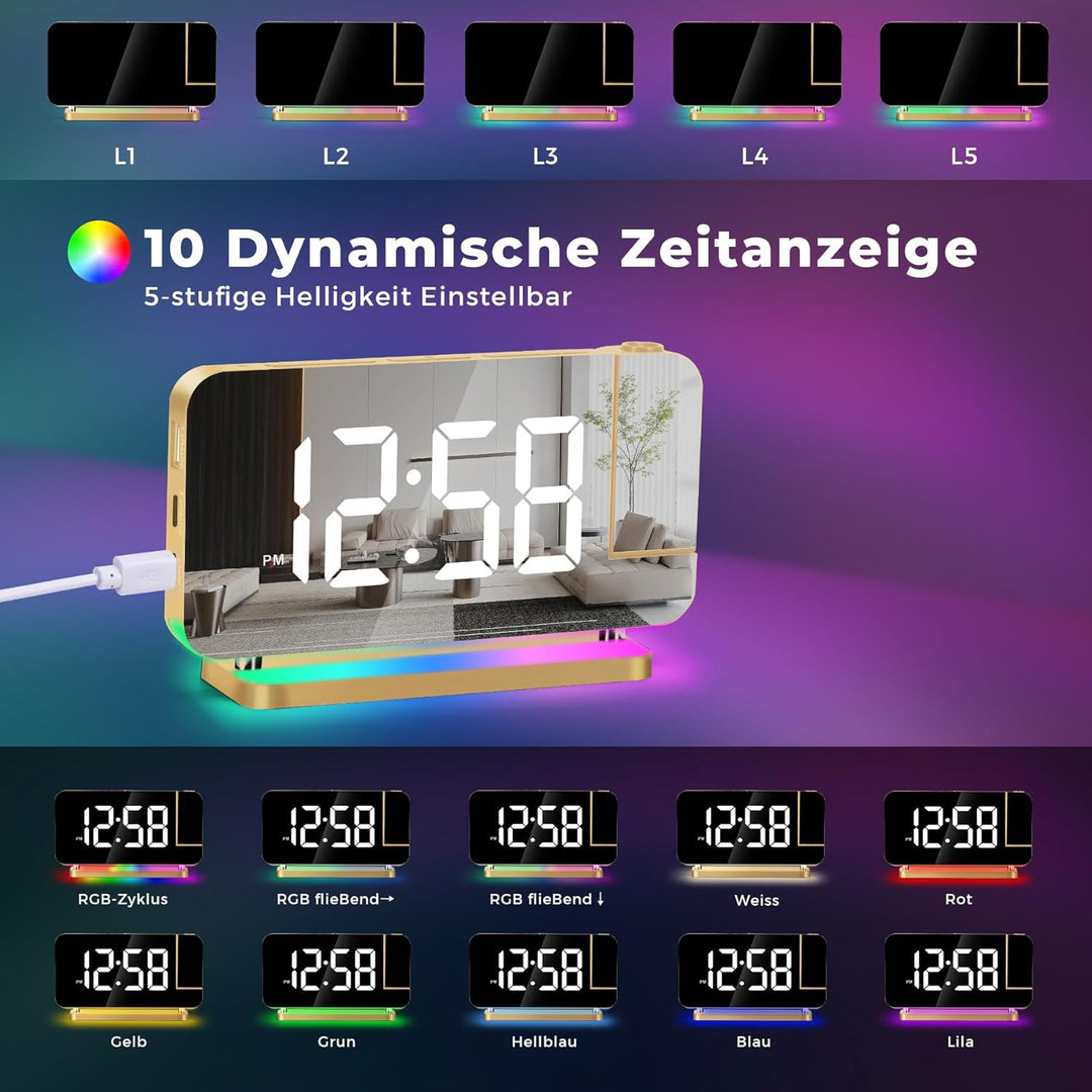 U-picks Projektionswecker,Wecker Digital,7.4" LED-Spiegeluhr mit um 180°Drehbarem Projektor,11 RGB-F