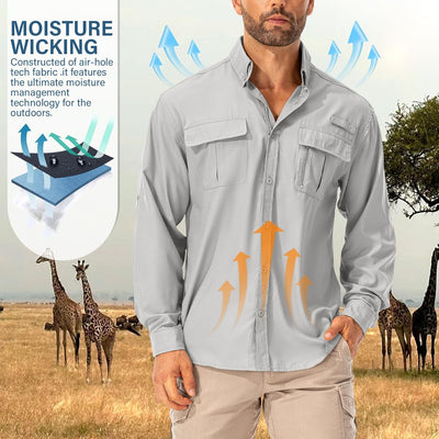 Asfixiado Hemd Herren Safari UPF50+ UV Schutz Wanderhemd Herren Langarm Funktionshemd Outdoorhemd At