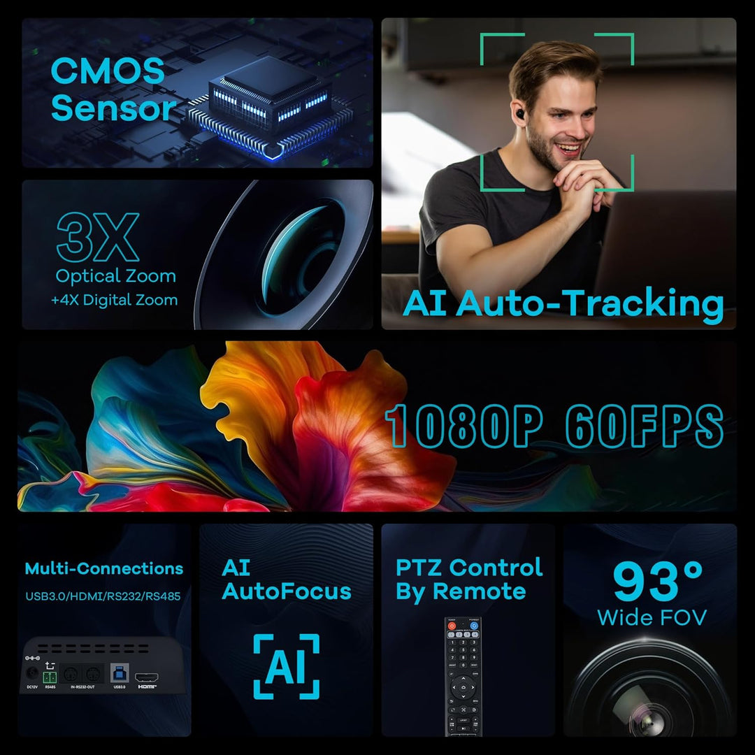 TONGVEO PTZ Kamera mit KI-Auto-Tracking, 3X optischem Zoom, Konferenzraum-Kamera, HDMI/USB 3.0, 60 f