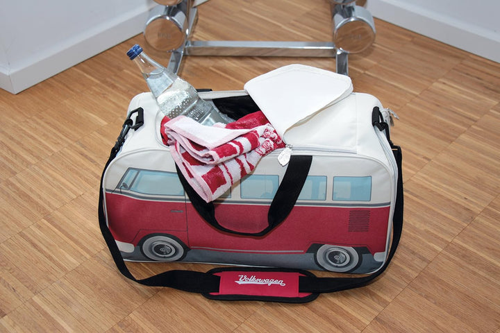 BRISA VW Collection - T1 Bulli Bus Sporttasche Reisetasche Gross Rot und Beige Klein (50 x 25 x 26 c