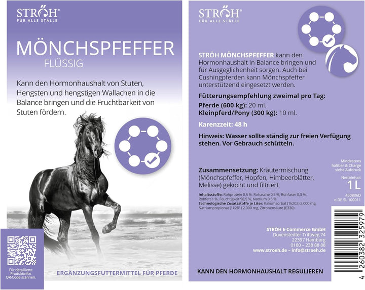 STRÖH Mönchspfeffer für Pferde (1l flüssig in Dosierflasche) • Für stabilen Hormonhaushalt beim Pfer