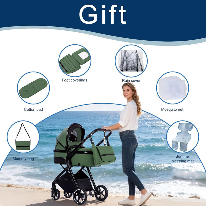 Kinderwagen 3 in 1 mit Babywanne, Reisesystem-Korb ist faltbar, Babywagen-Griff ist verstellbar, die