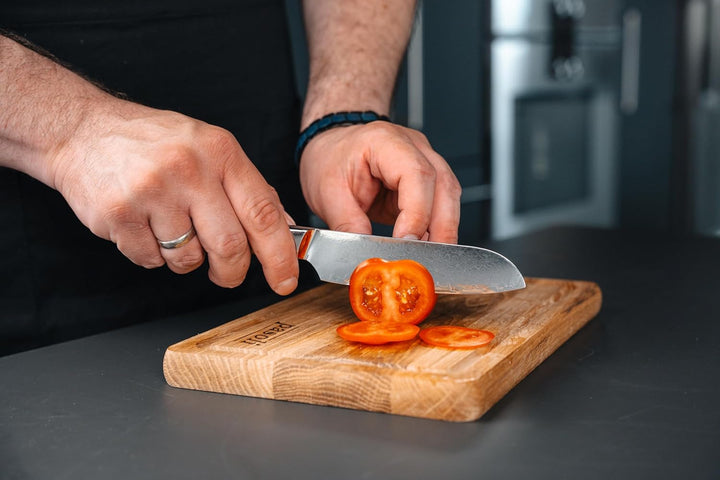 pasoli Damast Santoku-Messer inkl. Klingenschutz | 67-lagiger VG-10 Damaszener-Stahl | scharfe 13 cm