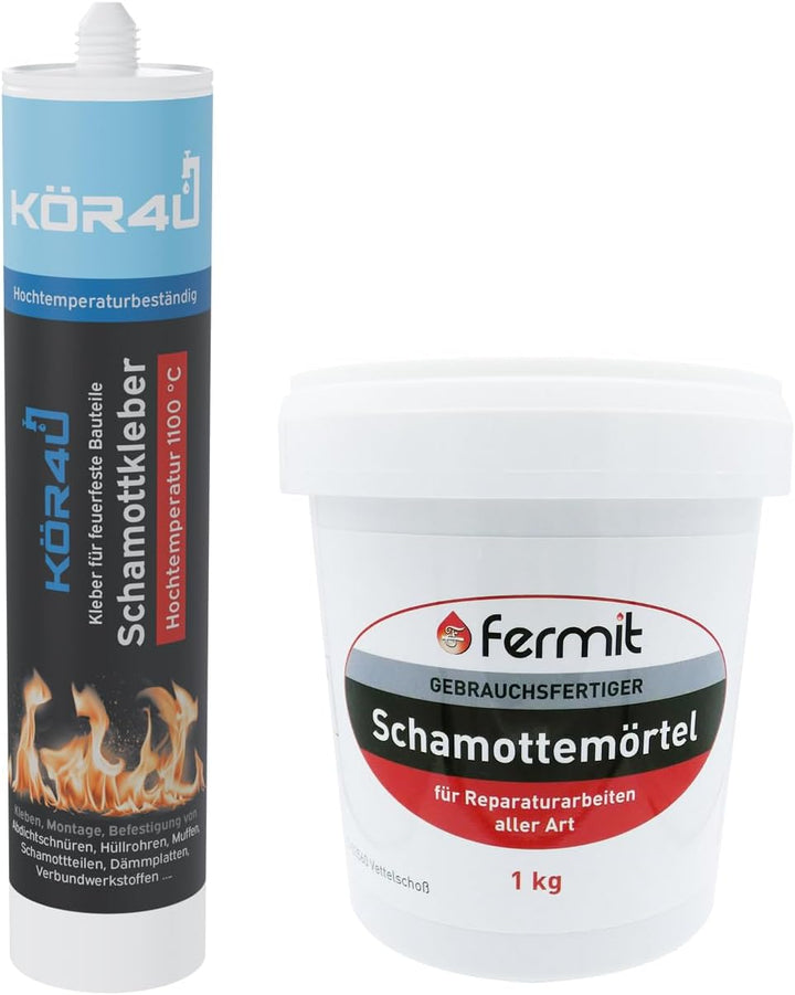 kör4u Schamottkleber beige + Fermit Schamottemörtel 1kg, Kleber für feuerfeste Bauteile, perfekt zur