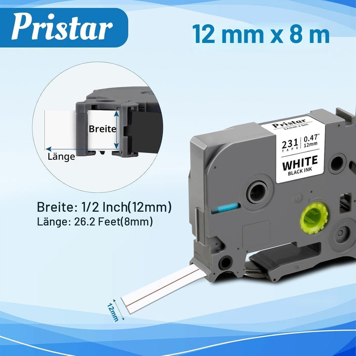 Pristar 12mm 0.47 Schriftband kompatible für Brother P-touch TZe-231 TZe231 TZ231 Tze Schriftbänder