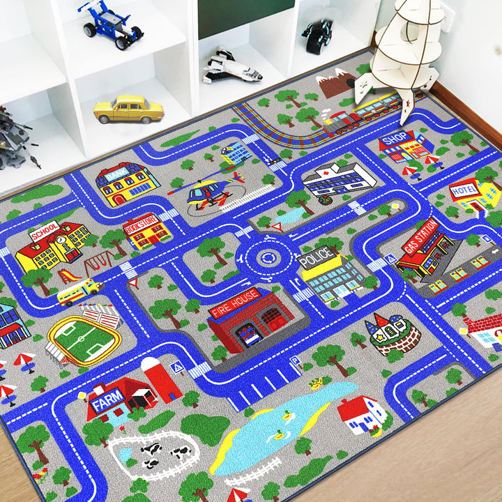 Capslpad Kinder Teppich Spielteppich für Kinder Stadt 150x200cm rutschfest Kinderteppich Spielmatte
