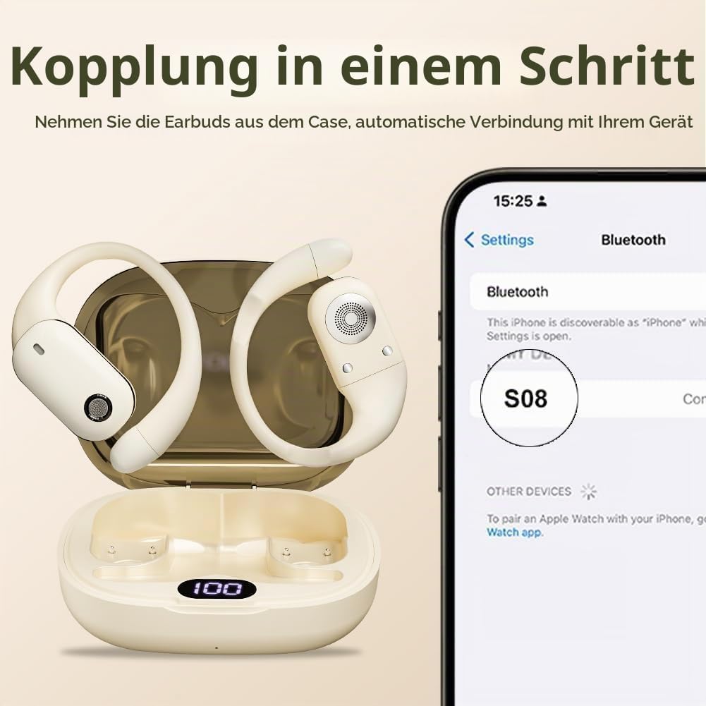 Open-Ear Bluetooth Kopfhörer, Bluetooth 6.0 Wireless Ohrhörer Sport mit LED-Anzeige, IPX6 Wasserdich