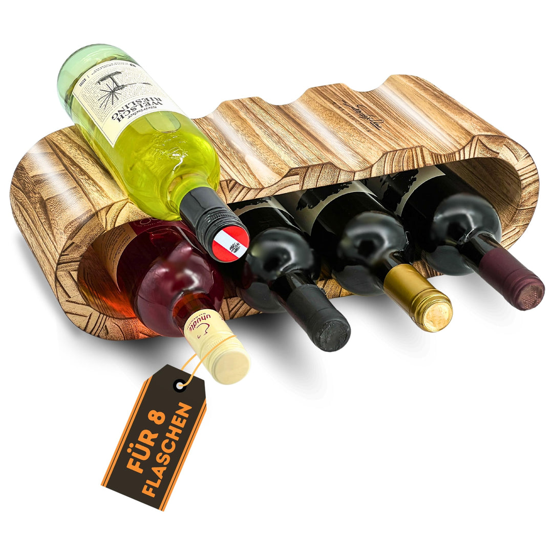Rustikales Weinregal Holz geflämmt - Flaschenregal Holz für 8 Flaschen, 2 Etagen - Zeitloses Design,