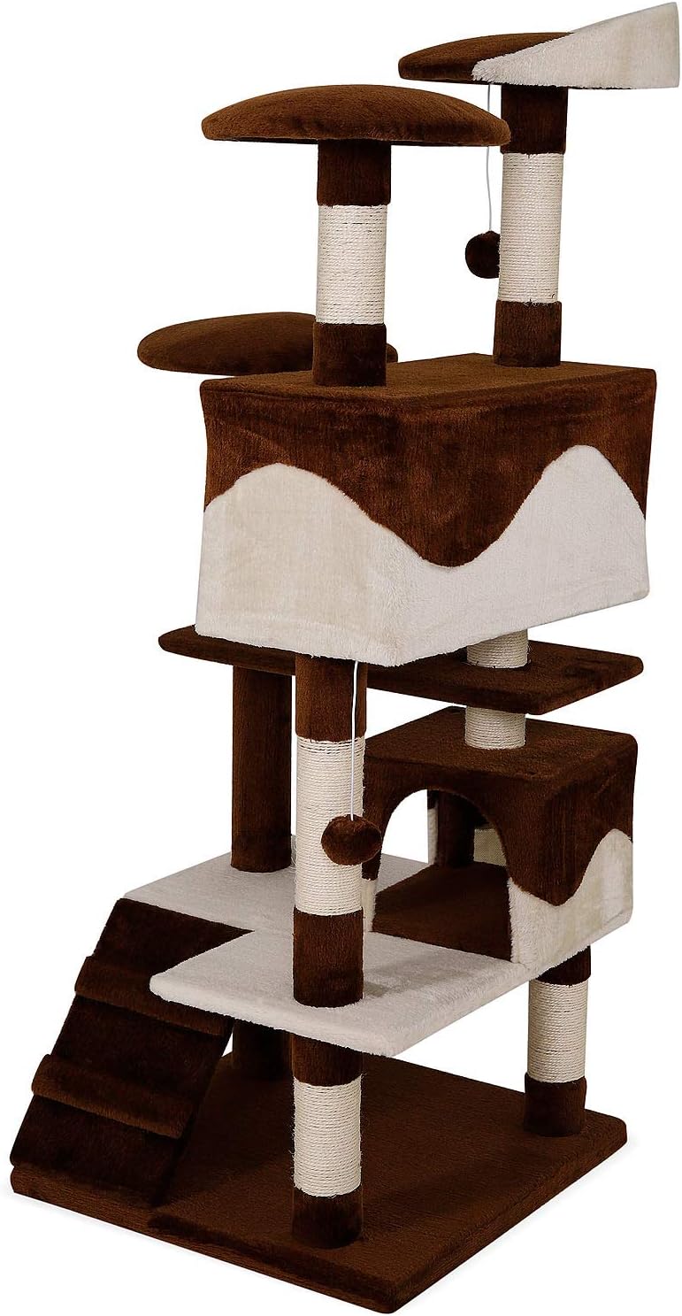 lionto Kratzbaum für Katzen mit 2 Plüschbällen & 3 Plattformen, Höhe 130 cm, Katzenbaum mit Sisal &