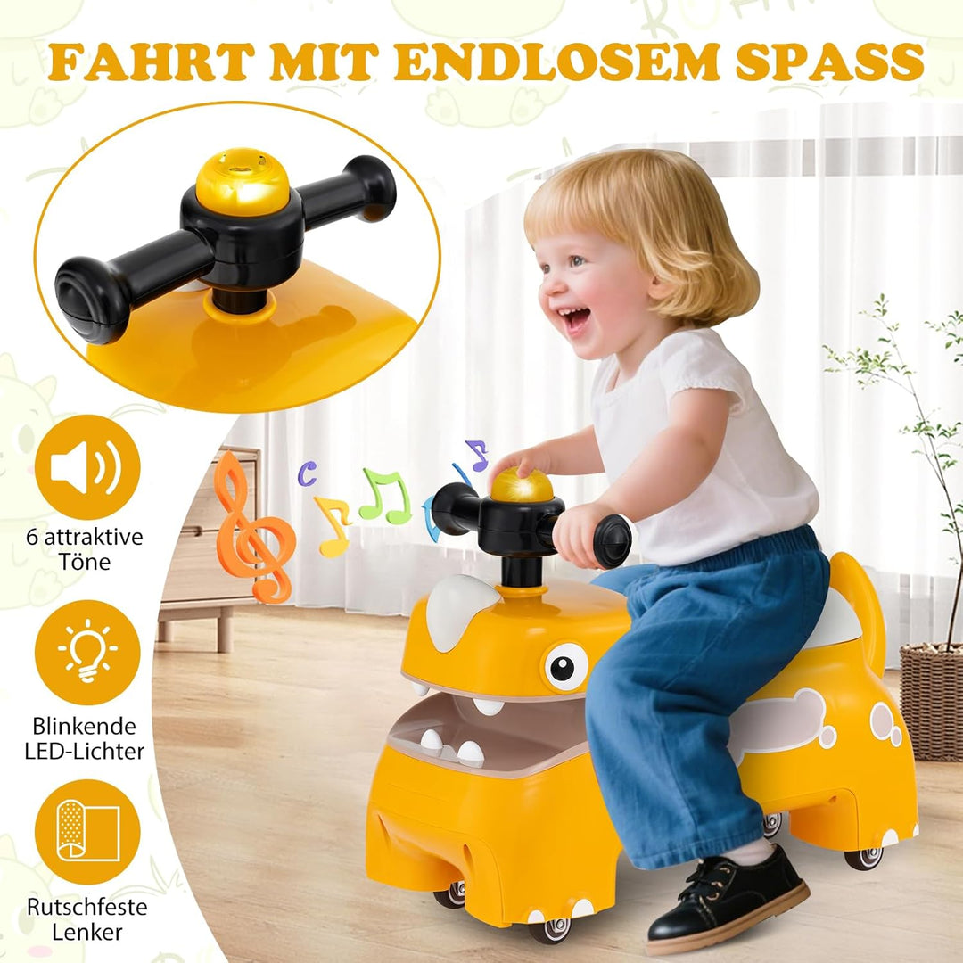 COSTWAY Rutschauto, Rutschfahrzeug mit Stauraum unter dem Sitz, Dinosaurier Schiebauto mit Lichter &