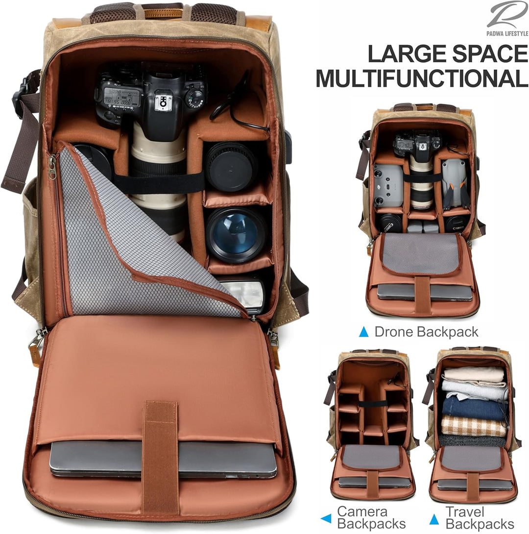 Padwa Lifestyle Khaki Kamerarucksack - wetterfeste Kameratasche aus gewachstem Memory Canvas mit 16“