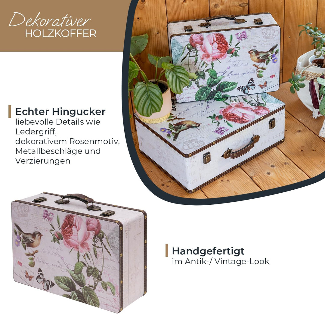 HMF Vintage Deko Koffer aus Holz, Aufbewahrungsbox mit Deckel und Ledergriff, stilvolle Aufbewahrung