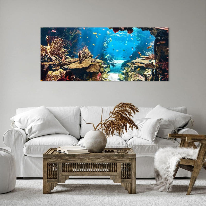 Wandbilder Dekoration Wohnzimmer Ozean Riff Fische Koralle Panorama Bilder auf Leinwand 120x50cm Lei