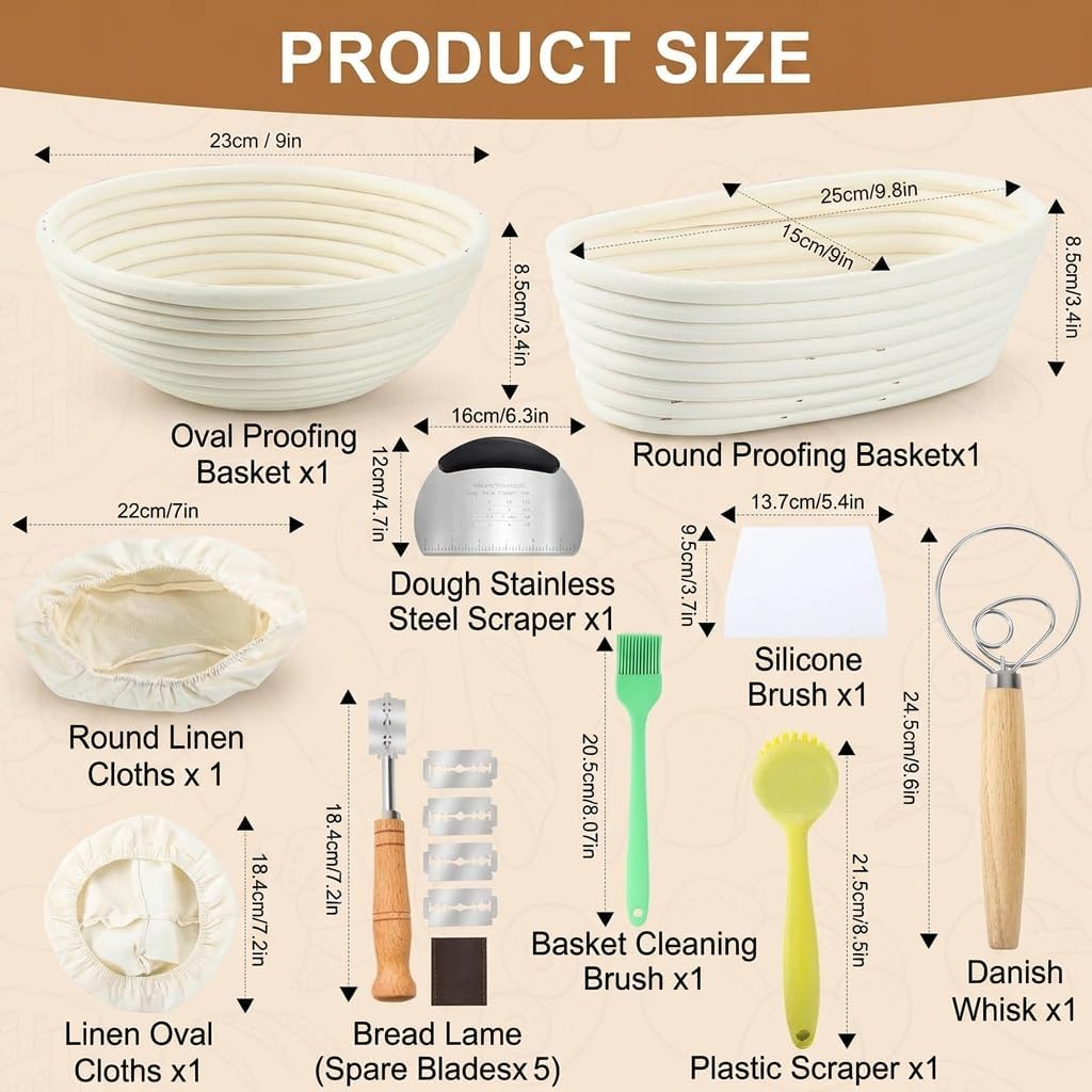 Kobete Brot Gärkorb Set, 23cm Gärkörbchen Rund &amp; 25cm Oval | Gärkörbchen zum Brotbacken aus natürlic