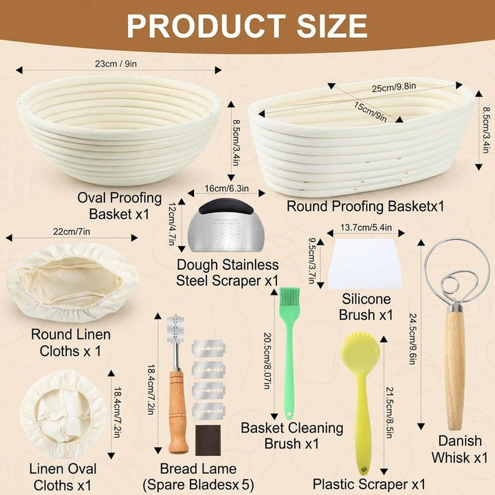 Kobete Brot Gärkorb Set, 23cm Gärkörbchen Rund &amp; 25cm Oval | Gärkörbchen zum Brotbacken aus natürlic