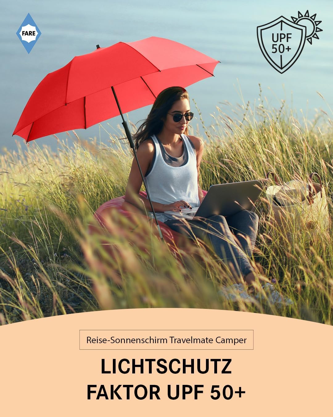 FARE Reise-Sonnenschirm Travelmate Camper UV Schutz 50+ für Koffer Flugzeug Camping Balkon Strand Ga