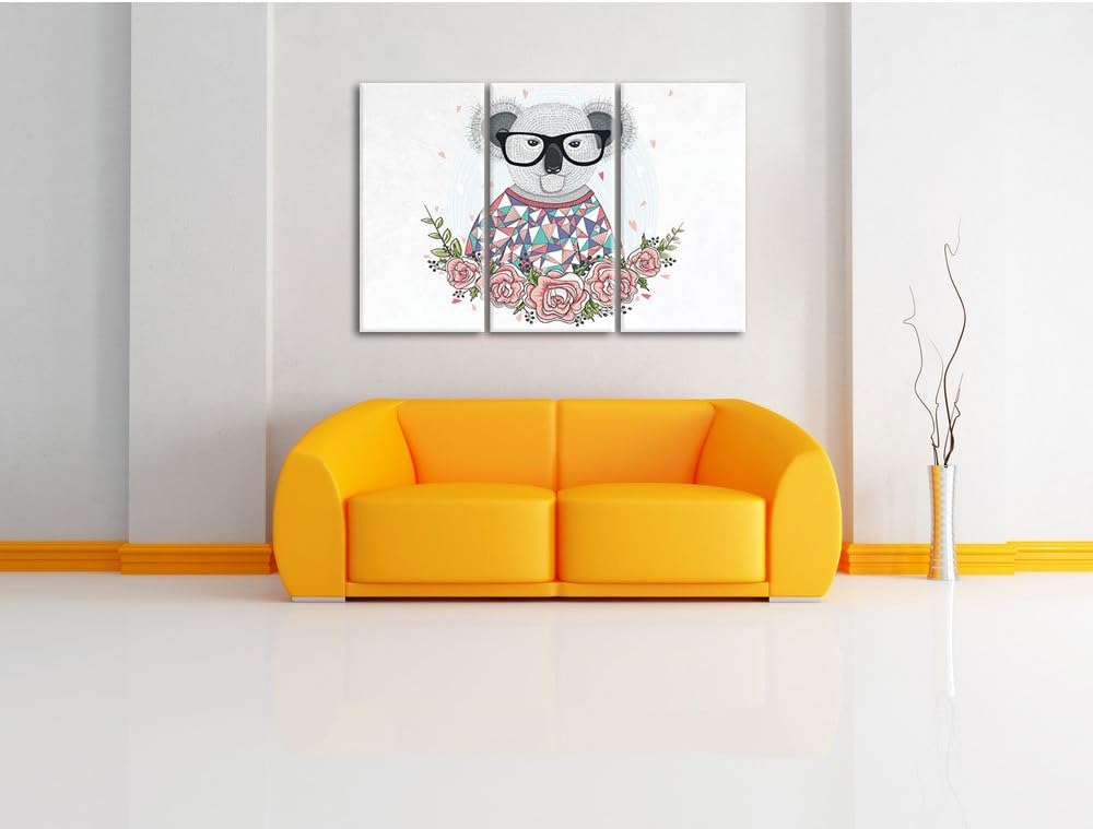 Pixxprint Hipster Koala mit Rosen weiss 3-Teiler Leinwandbild 120x80 Bild auf Leinwand
