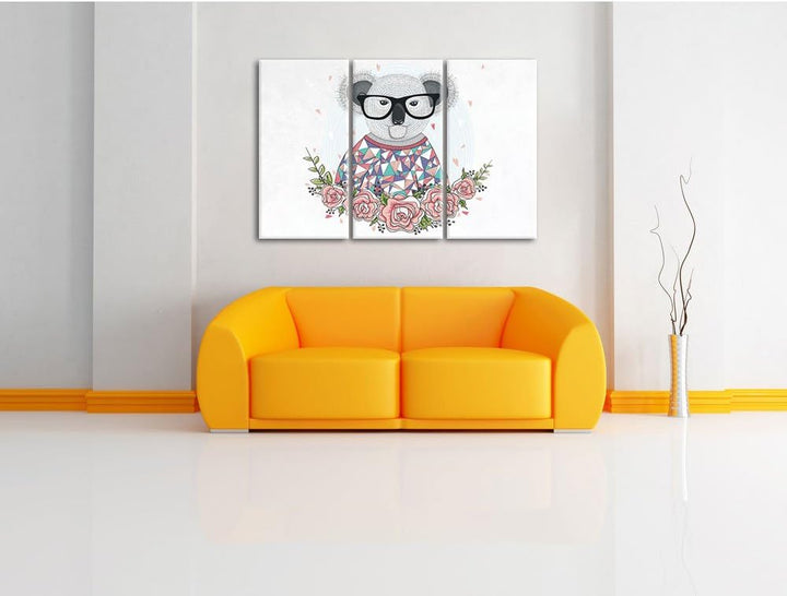Pixxprint Hipster Koala mit Rosen weiss 3-Teiler Leinwandbild 120x80 Bild auf Leinwand
