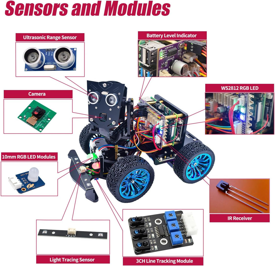 Adeept PiCar-B Mars Rover Smart Car Kit for Raspberry Pi 5/4B/3B/3B+, Obstacle Avoidance, Line Track