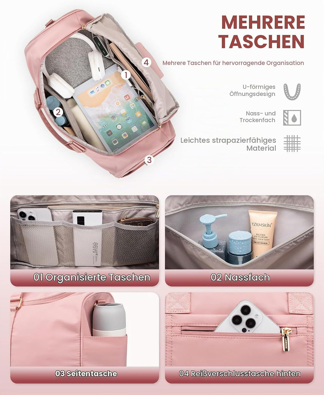 LOVEVOOK Reisetasche Sporttasche 50L, Kliniktasche Geburt Gross Weekender Damen mit Kulturtasche, Sc