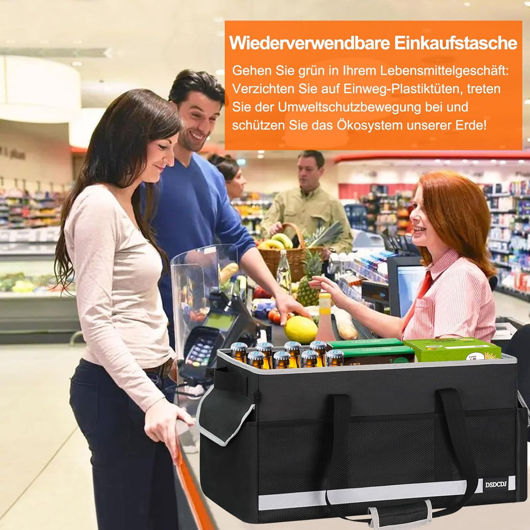 48L Einkaufskorb Faltbar mit Leuchtstreifen – Korb Einkaufen mit Verstärktem Boden – Einkaufstasche