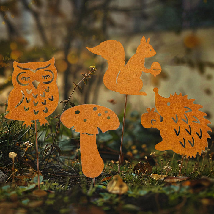 Valery Madelyn 8er Rost Gartenstecker für Herbstdeko Draussen,25cm Rostoptik Gartendeko mit Igel Eul