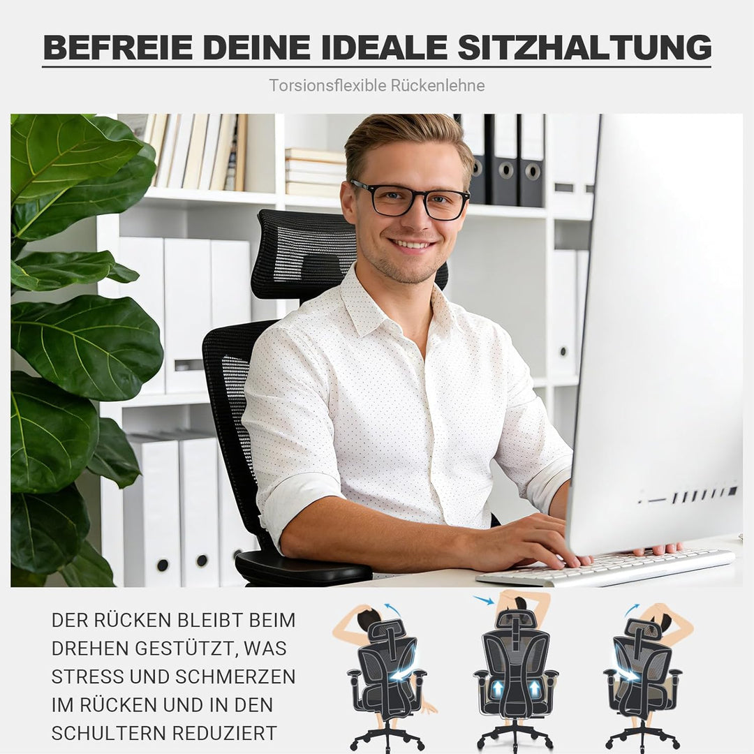 MELOKEA Bürostuhl Ergonomisch, 7D-Armlehnen, Verstellbare Sitztiefe, 4-Stufen Neigung, Gummirollen,