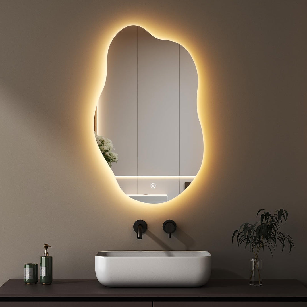 Boromal Asymmetrischer Badspiegel mit Beleuchtung 52x85cm LED Asymmetrischer Spiegel mit Beleuchtung