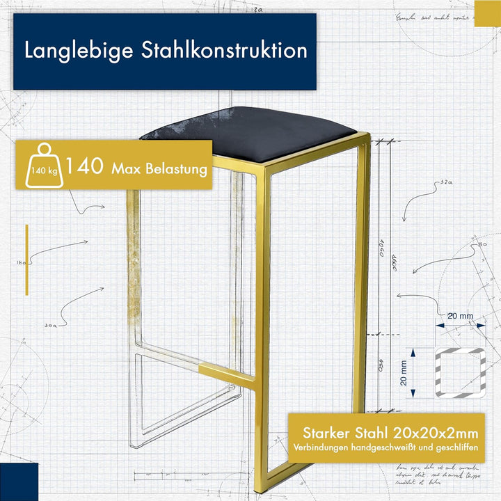 FERRO modern design Barhocker Gold ohne Lehne 64 cm - Metal Barstuhl mit Gepolstertem Sitz - Loft St
