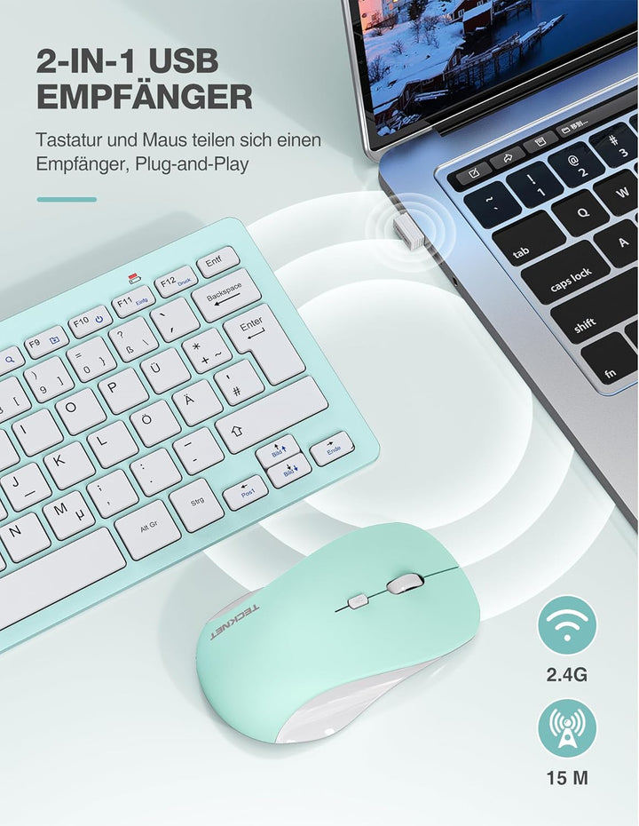 TECKNET Kabelloses Tastatur Maus Set, Deutsch QWERTZ Layout, 2.4 GHz Funk Mini Tastatur Mouse, 15m R