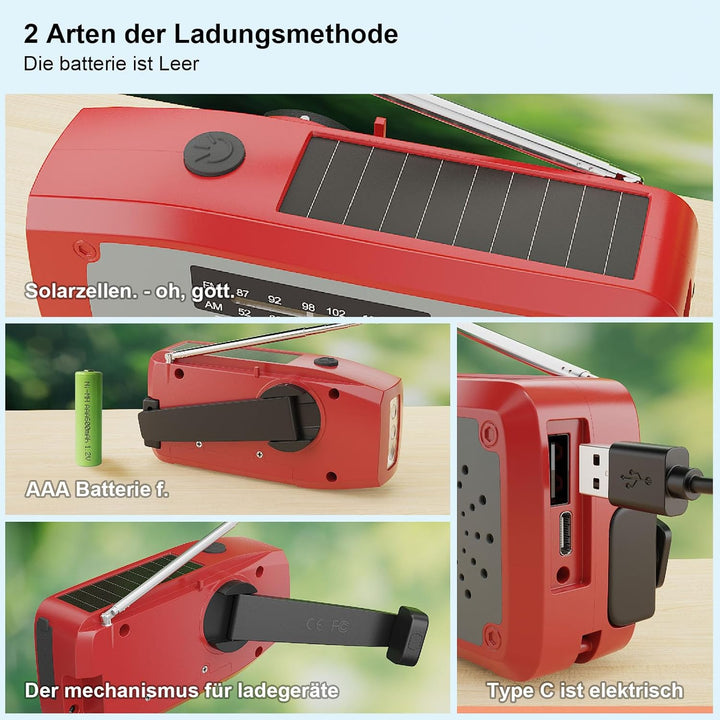 Notfall-Solarradio, kurbelradio Notfall weltempfänger testsiege mit LED-Taschenlampe, SOS-Alarm,AM/F