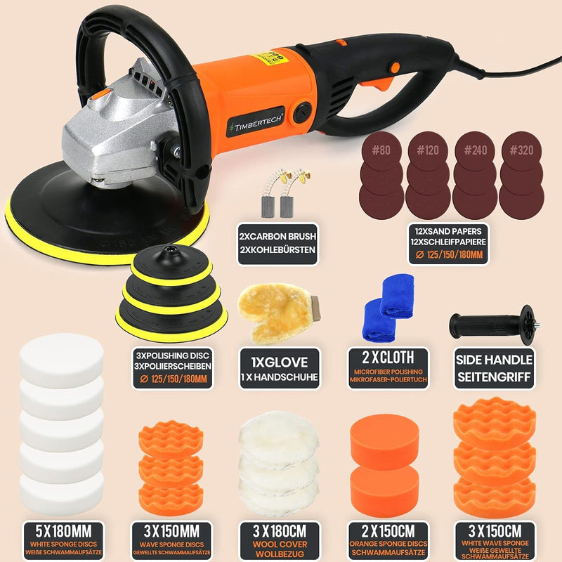 TIMBERTECH® Poliermaschine 1400W + 24 tlg Zubehörset - Polierscheiben: 125/150/180mm, 3000 U/min, zu