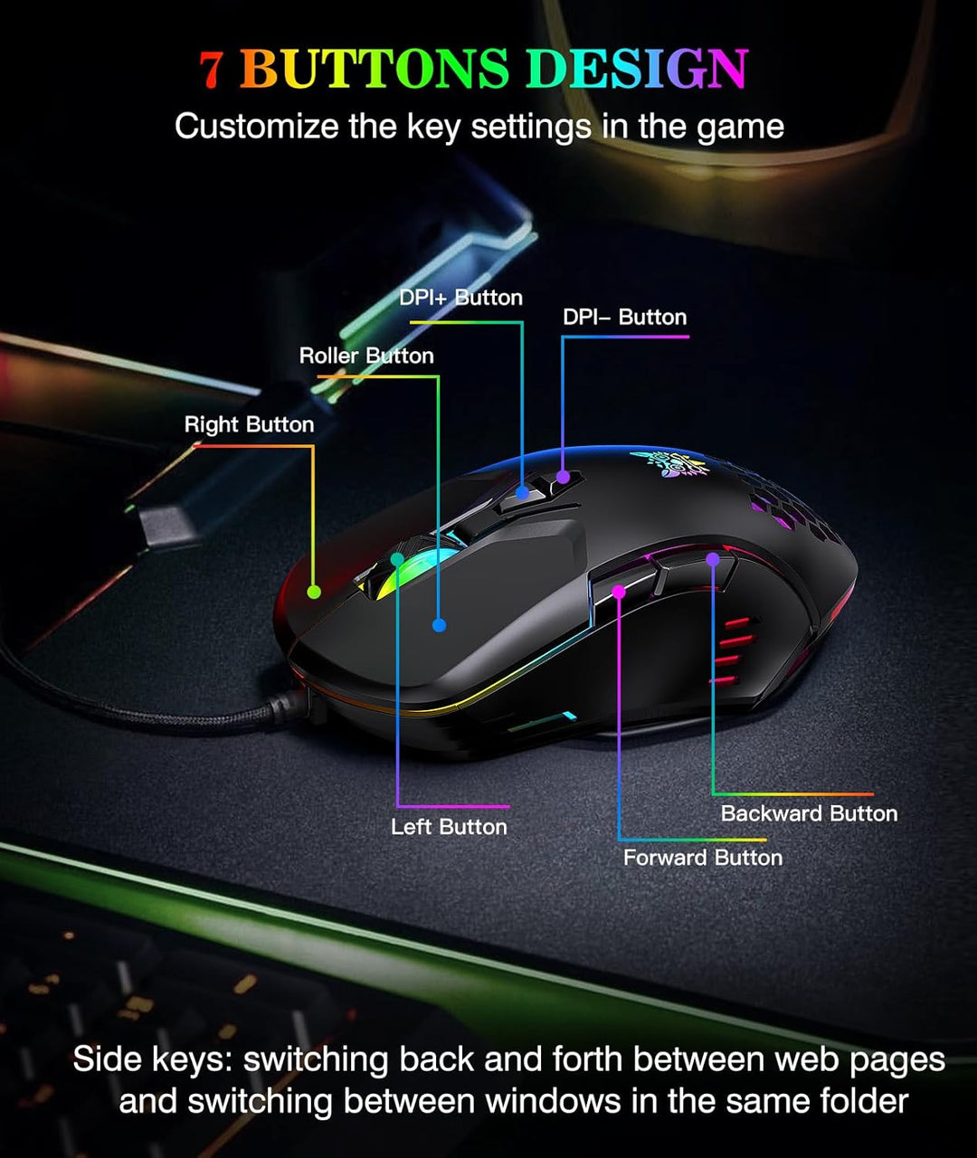 ONIKUMA GAMING Kabelgebundene Gaming-Maus mit 7 Farben LED-Hintergrundbeleuchtung, Computer-Maus für