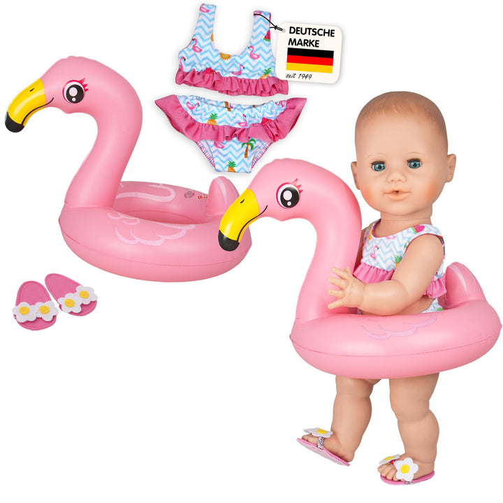 Heless 99 - Schwimm-Set für Puppen, 3 teilig, Flamingo Ella, Bikini, Flip Flops und Schwimmring, Grö