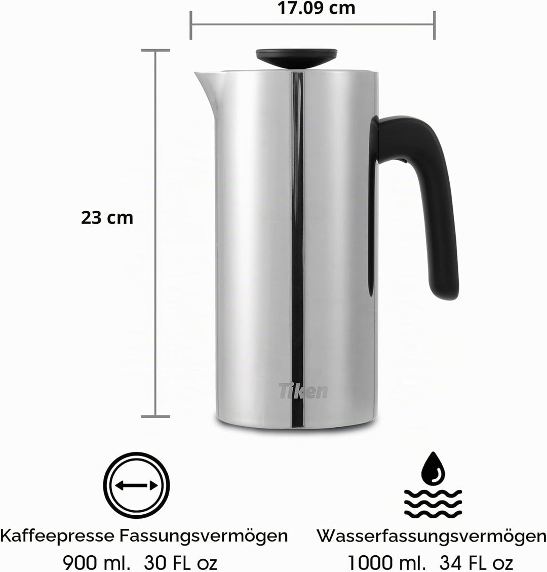Tiken 1L French Press Edelstahl Double-Wall Vakuum Thermo Kaffeebereite Spülmaschinenfest Silver, Si