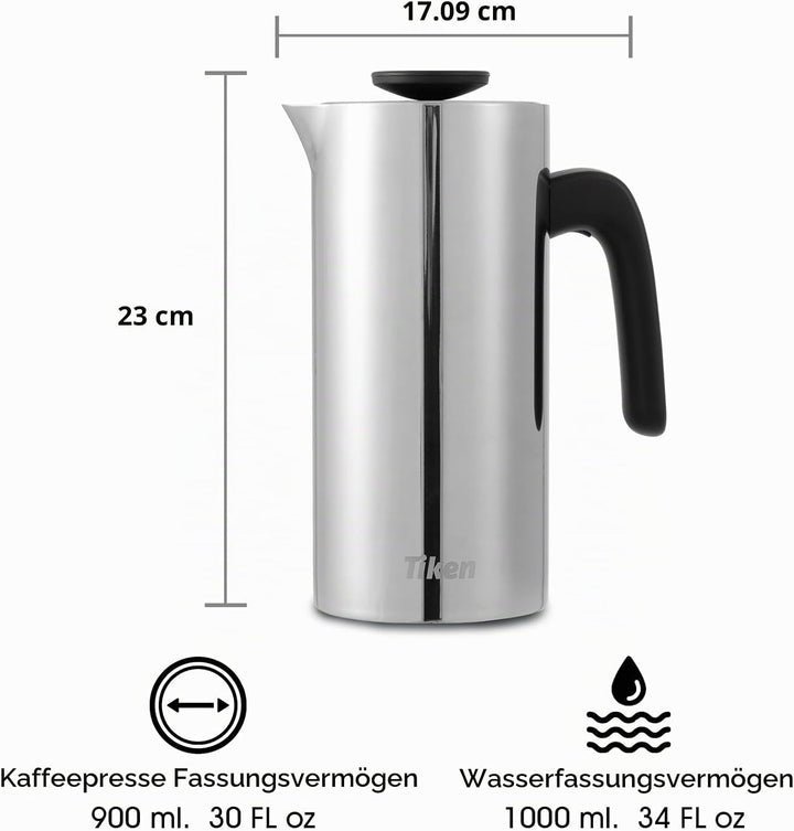 Tiken 1L French Press Edelstahl Double-Wall Vakuum Thermo Kaffeebereite Spülmaschinenfest Silver, Si
