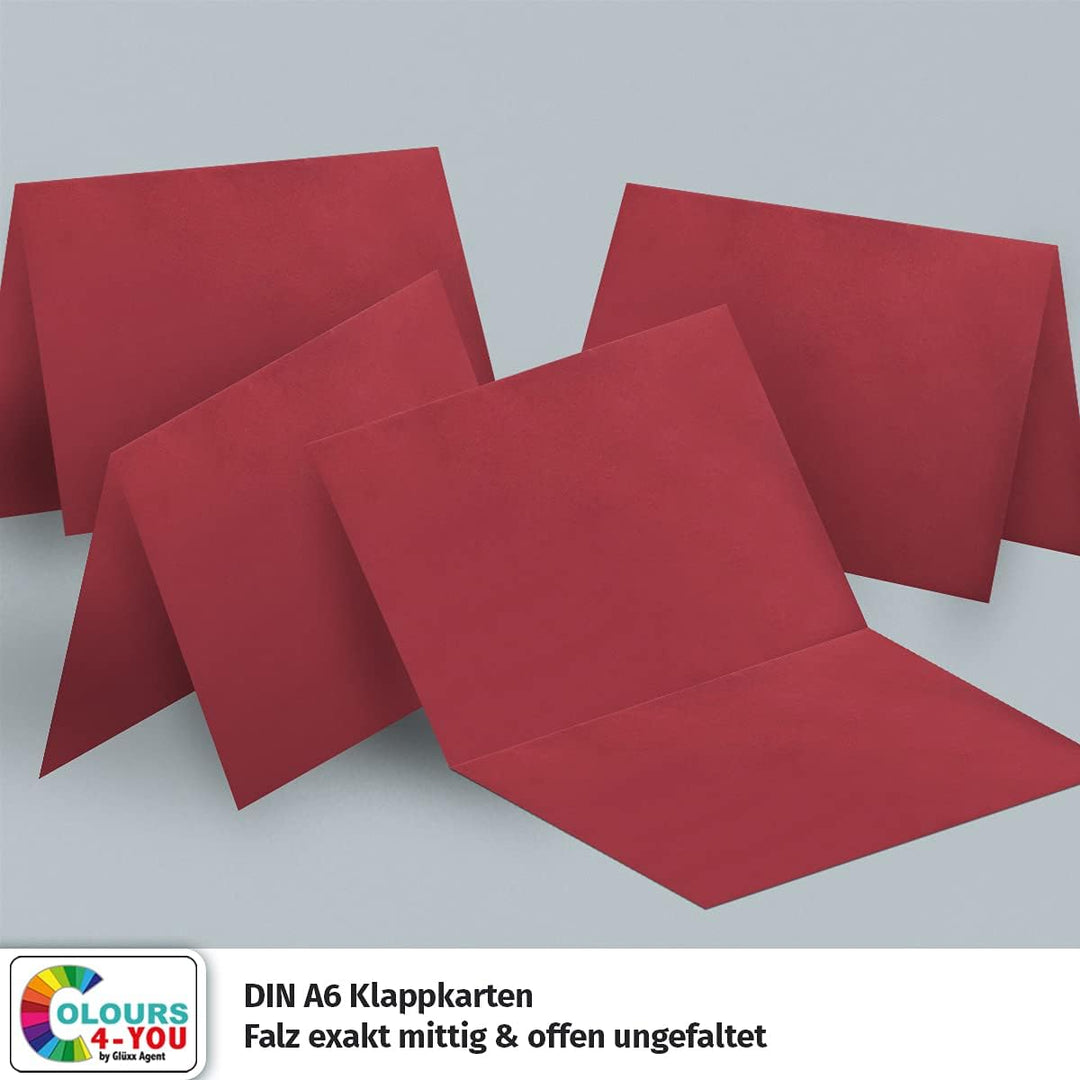 100 Klappkarten mit Umschlägen Set Dunkelrot - DIN A6 Blanko Doppelkarten 14,8 x 21 cm (160 g/m²) -
