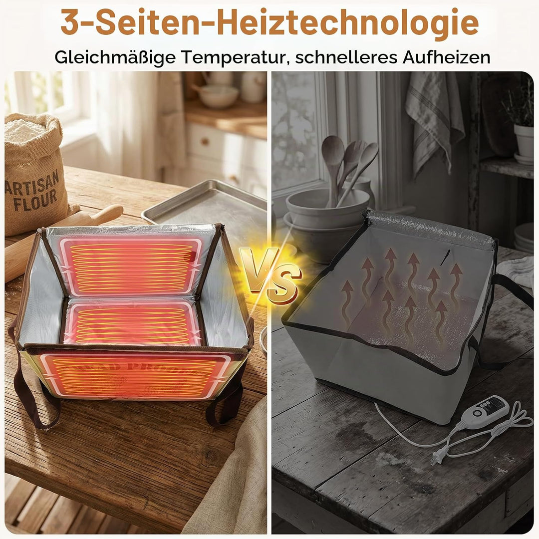 Brot Gärbox Sauerteig Dreiseitige Heizung, Faltbarer Gärschrank 10-45°C NTC-Sensor, 48H Timer Sauert