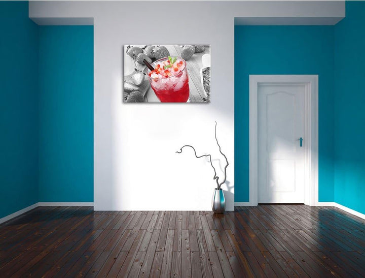 Erdbeercocktail neben Kandiszucker schwarz/weiss Format: 100x70 auf Leinwand, XXL riesige Bilder fer