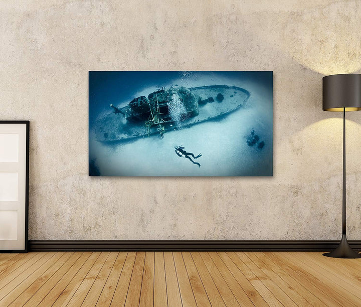 islandburner Bild auf Leinwand Taucher Schiffswrack Bilder Wandbilder Poster Leinwand 100x57cm, Lein