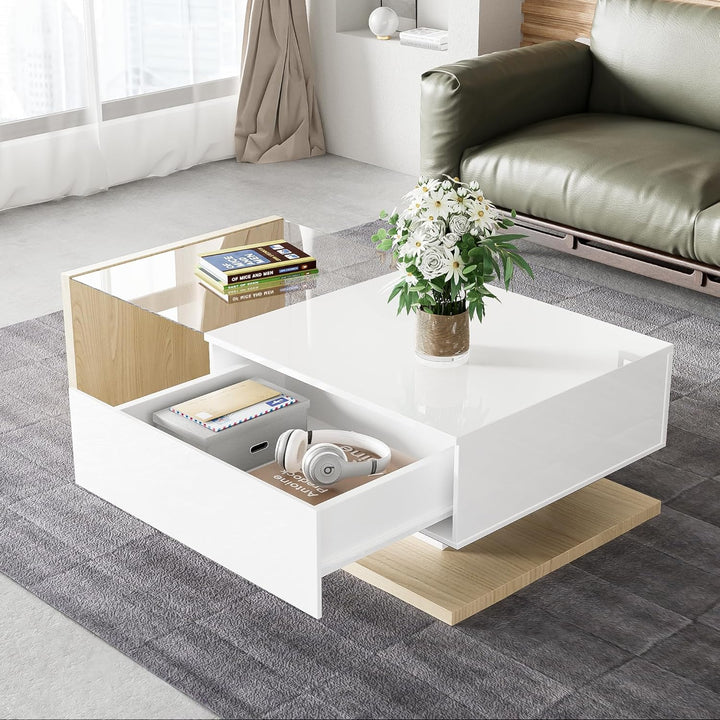 Merax Wohnzimmertisch, LED Couchtisch mit Schubladen, Hochglanz Kaffeetisch mit Stauraum, Modern Cof