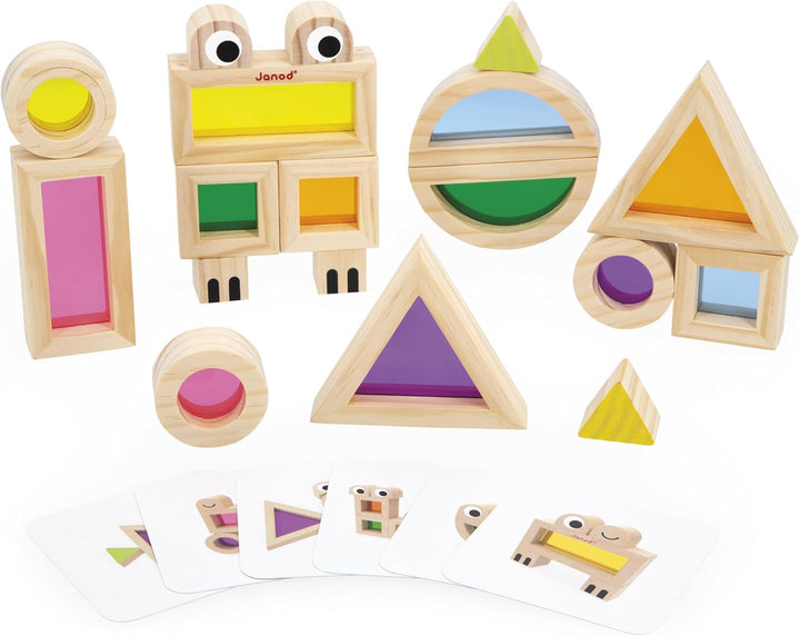 Janod J05306 Holzblock zum Zusammenbauen-Spiel zur Förderung der Sinneswahrnehmung-18 Blöcke und 6 M