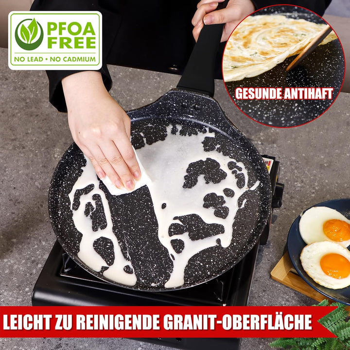 diig Crepe Pfanne 28cm, Antihaftpfanne Omelette Flache Pfannkuchen Pfanne mit Teigverteiler und Holz