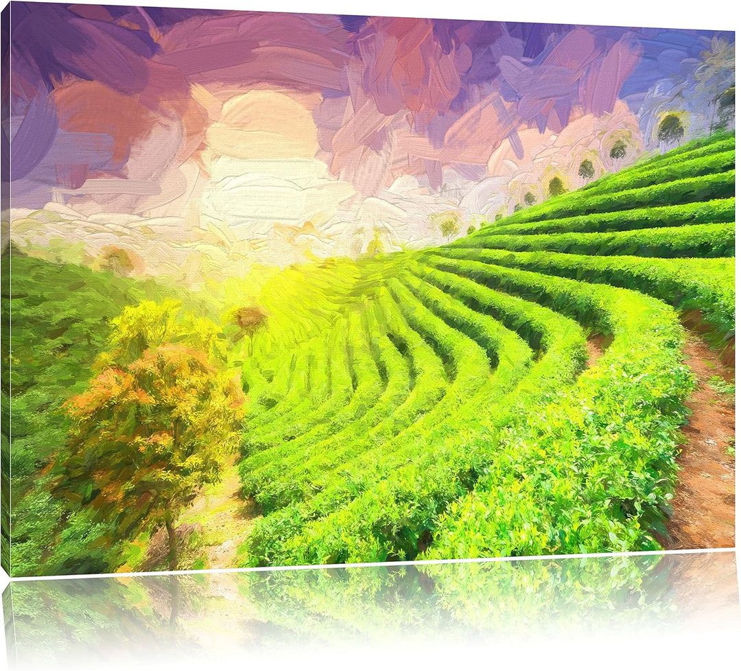 Pixxprint Japanische Treppenfelder Kunst / 100x70cm Leinwandbild bespannt auf Holzrahmen/Wandbild Ku