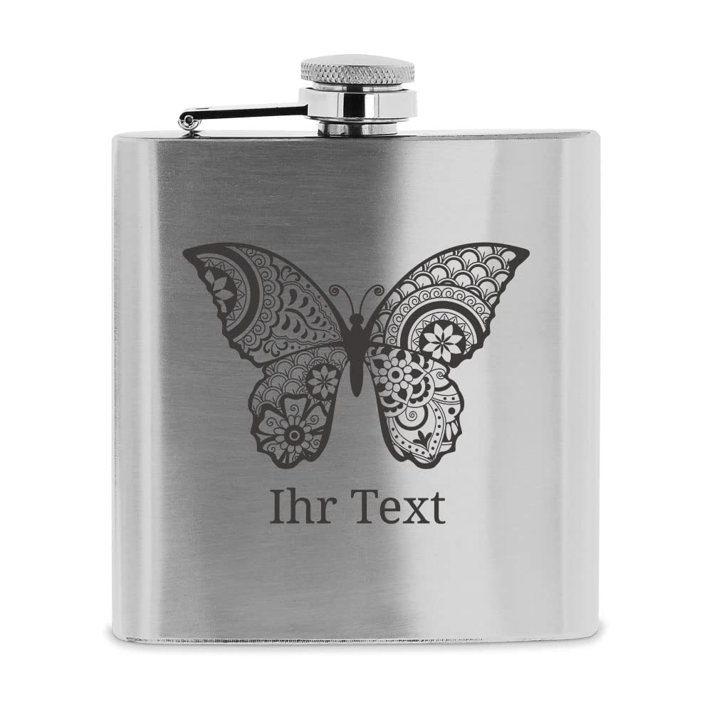 Personalisierbarer Edelstahl Flachmann mit Name | Schmetterling Zentangle Design, Taschenflasche mit