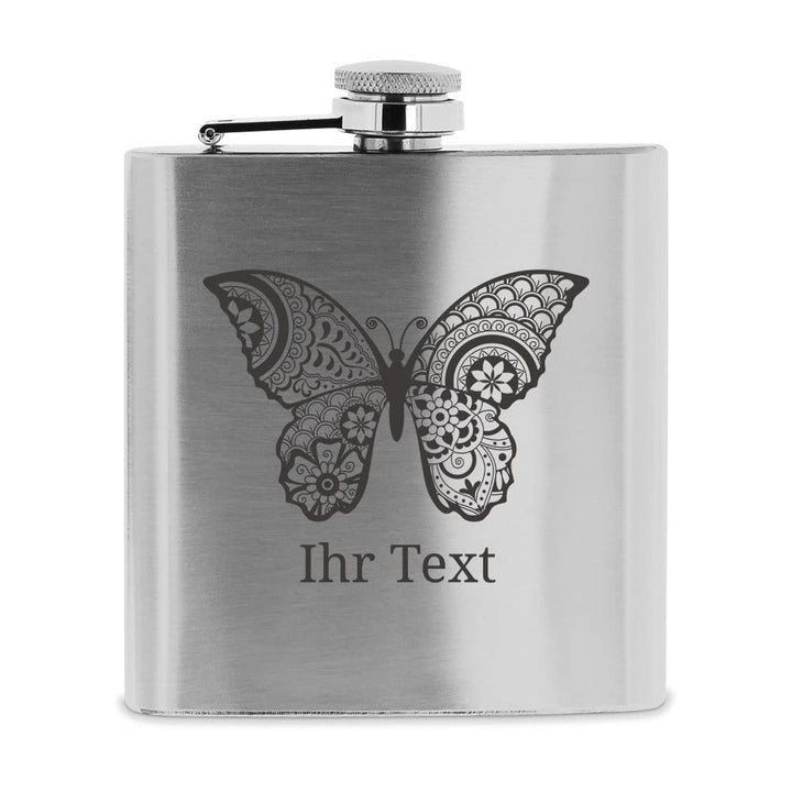 Personalisierbarer Edelstahl Flachmann mit Name | Schmetterling Zentangle Design, Taschenflasche mit