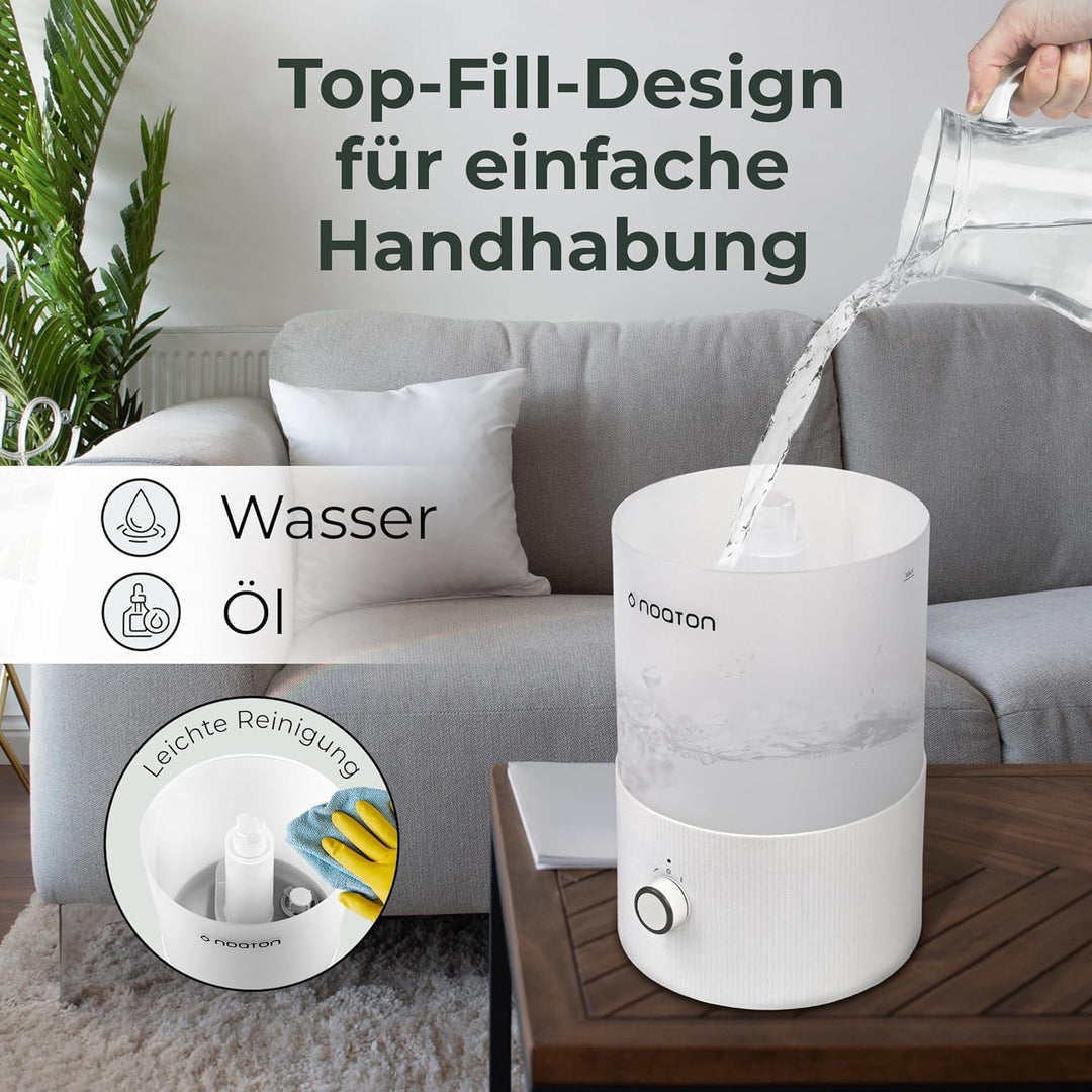 Noaton Essential Luftbefeuchter, 2 ätherische Öle inklusive, 3,3L Top-fill, 33H Laufzeit, 7-Farben-N