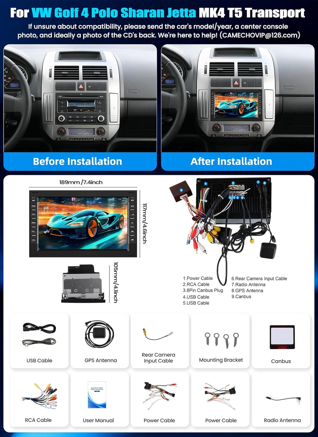 8-Core 4G+64G CAMECHO Android 15 Carplay Autoradio für VW Golf 4 Polo Sharan Jetta MK4 T5 Multivan m